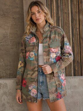 Women's Floral Military Jacket S Boutique Camo Utility Statement Layer Outerwear